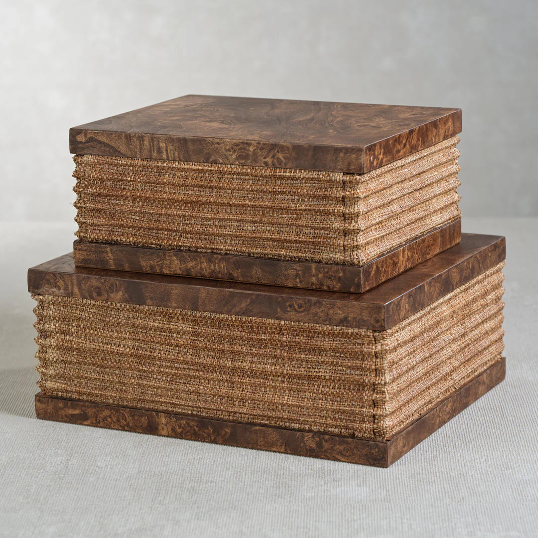 Rosso Burl Wood and Raffia Box